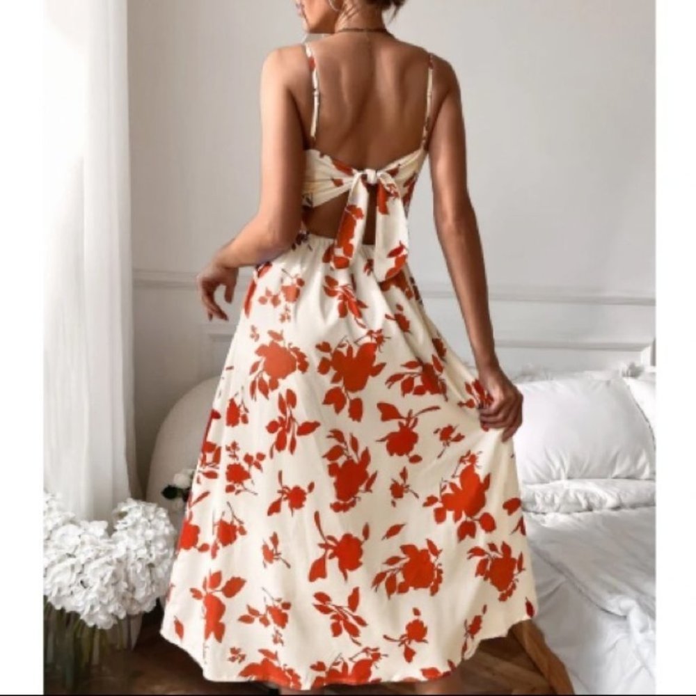 floral leaves print tie back cami maxi dress - Picture 3 of 9